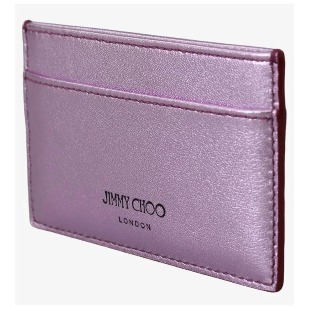 JIMMY CHOO Leather Metallic Lavender Lilac Card Holder logo Wallet NEW